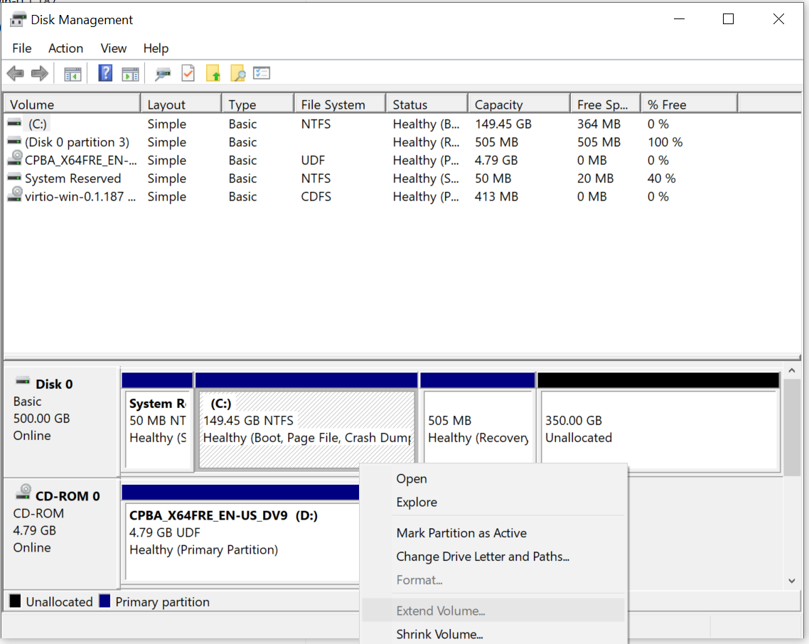 Windows Disk Management showing unallocated space